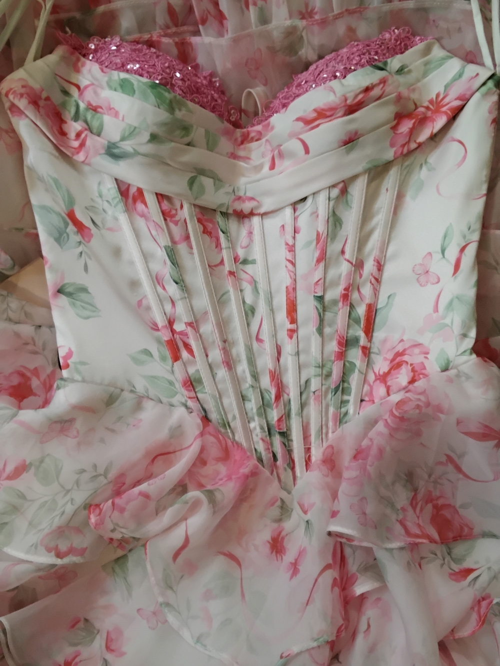 Strapless Pink Floral Tiered Ruffle Gown - Picture 10 of 11